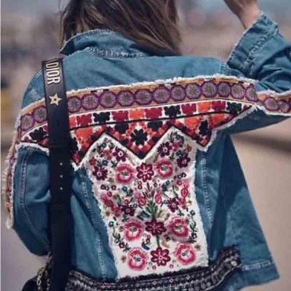 Boho Denim Blue Floral Embroidered Jean Jacket - Picture 8 of 14